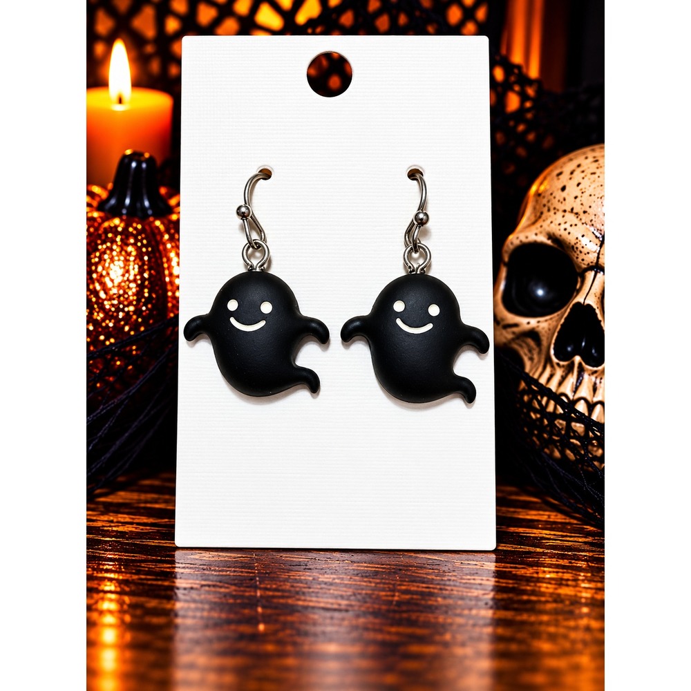 Black Ghost Earrings Polymer Clay Halloween Spooky Cute Dangle Earrings